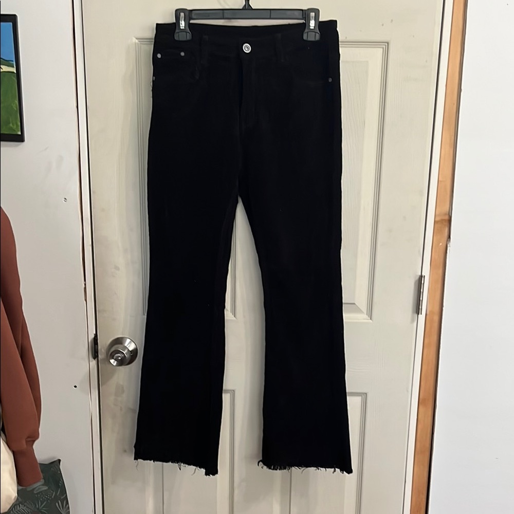 Black Flare Wide Leg Jeans with Frayed Hem